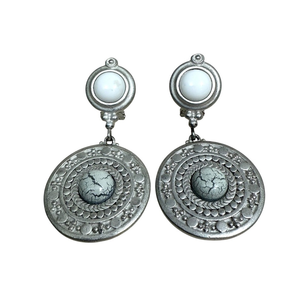 VTG Liz Claiborne Silver Tone Medallion Earrings Dangle Clip On Statement 2 1/4